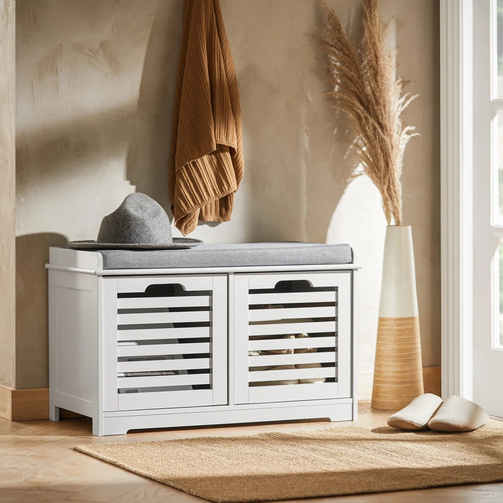 Scarpiera da ingresso Panchina con Cuscino e Cestini 2 Cestini Bianco FSR23-K-W