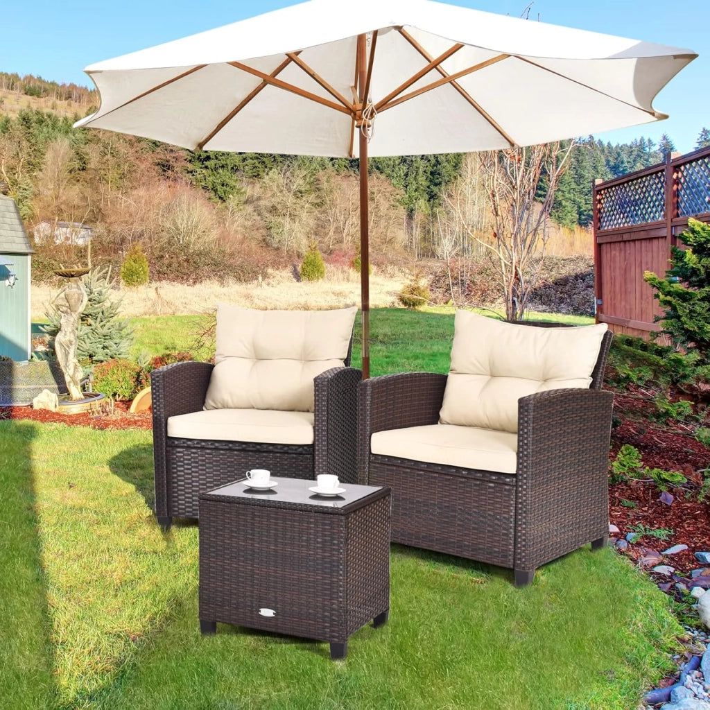 Set di Mobili da Giardino, in Rattan, 3 Pezzi Mobiletti, 1 Tavolino + 2 Poltrone, Salottino da Esterno, con Cuscini per Balcone, Giardino, Cortile, Terrazza, 3 Colori (Marrone)