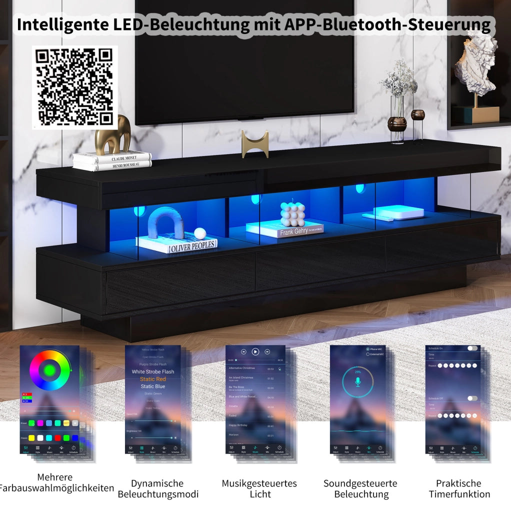 TV moderno nero lucido con LED e 3 vani in vetro
