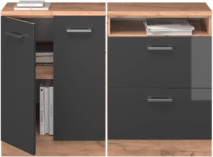 Set di mobili sottotetto Rion, Antracite lucido, 120 cm Set di 2 carcasse armadio profondità 60 cm, adatto per il salvaspazio sotto tetti spioventi