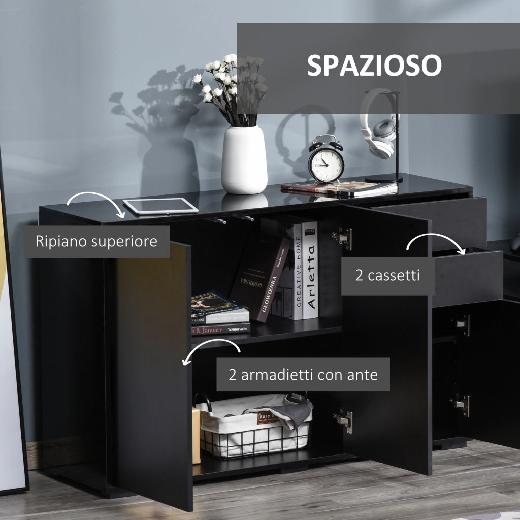 EasyComfort Mobiletto Multiuso Nero con 2 Cassetti e 2 Armadietti ad Apertura a Pressione, 117x36x74cm