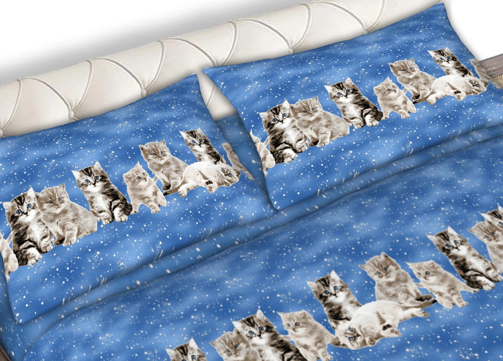Completo Lenzuola Letto In 100% Cotone Made In Italy Vari Disegni C.N - Piazza E Mezza - Gattini Blu