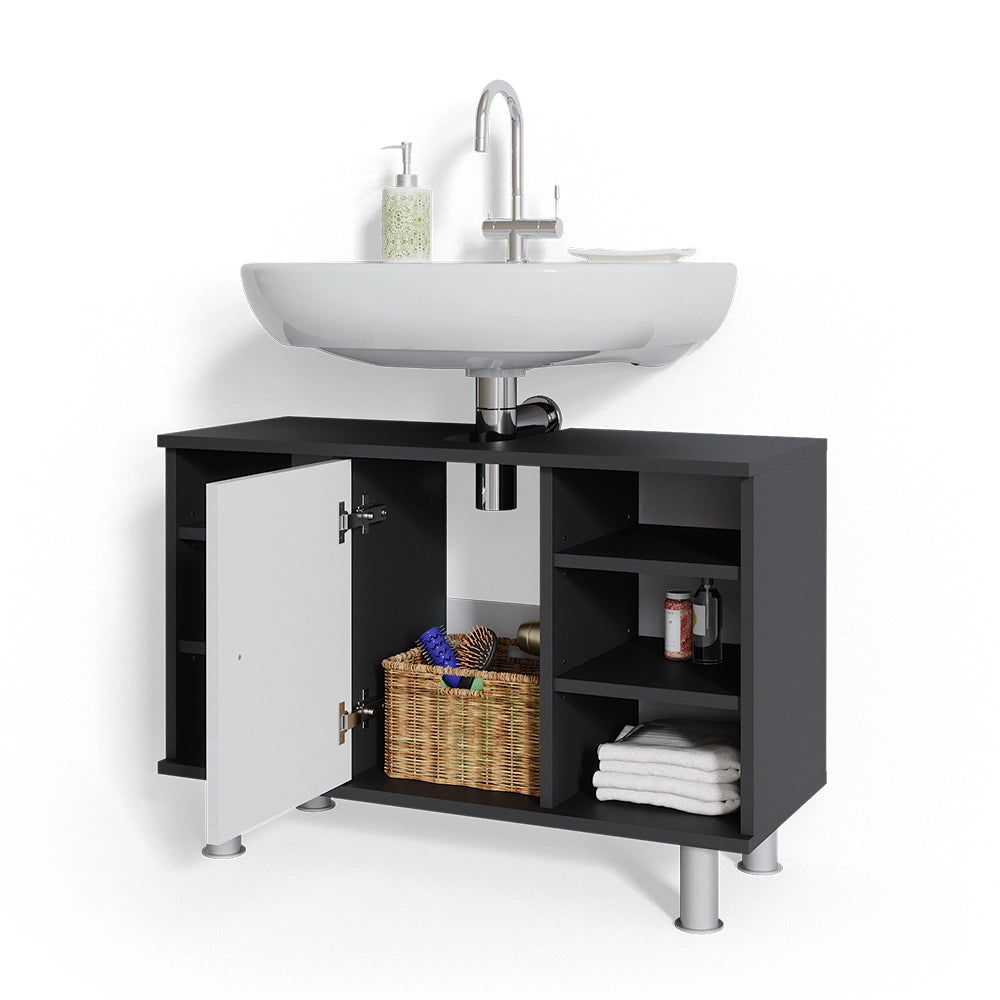 Mobiletto per lavabo Fynn Antracite/Bianco lucido 80 x 54 cm con 6 ripiani Vicco