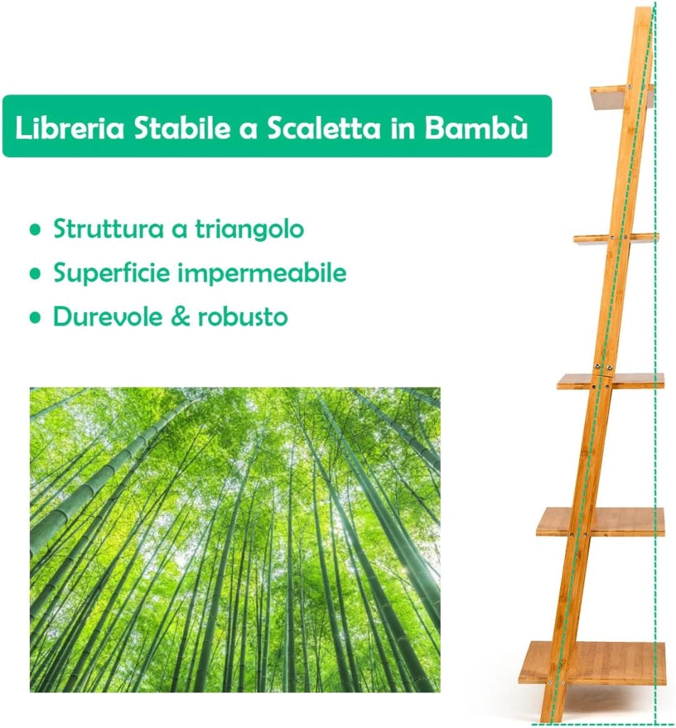 Scaffale a Scala con 5 Ripiani, Libreria Moderna in Bambù con Ripiani Aperti, Libreria a Parete Multiuso per Soggiorno Cucina Ufficio, 43x35,5x165 cm