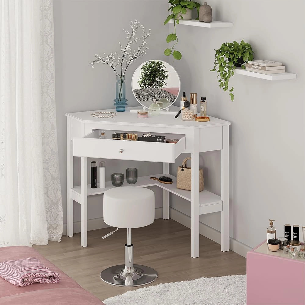 Tavolo da trucco ad angolo Velto, Bianco, 75 x 76.8 cm,con cassetto, per un posizionamento salvaspazio negli angoli della stanza