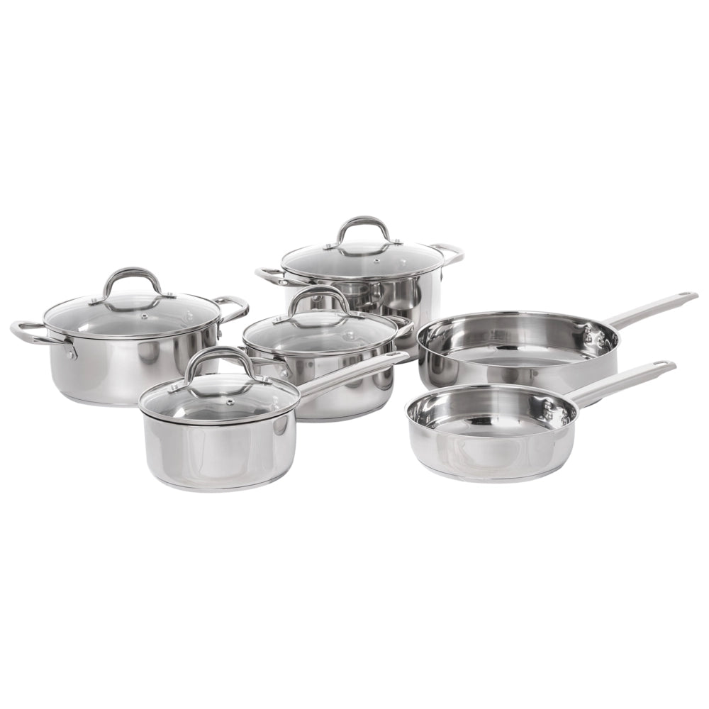Set di 10 pentole e padelle in acciaio inossidabile argentato 4 pentole con coperchio 2 padelle
