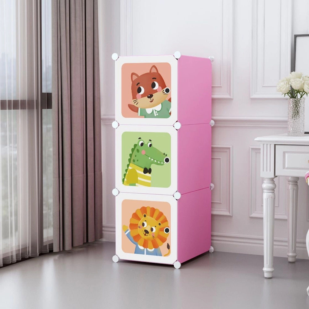 Trade Shop - Armadio Guardaroba Modulare Per Bambini A 3 Scomparti A Cubo Mobile Con Ante Decorate - Rosa
