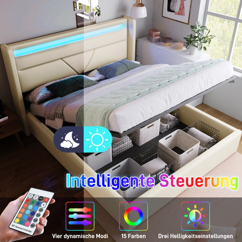 Letto contenitore imbottito 160x200 cm in PU bianco con LED