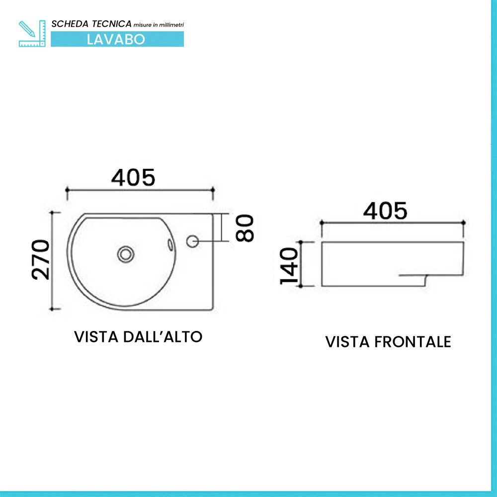 Lavabo 40,5x27 ad installazione sospesa su lato sinistro con foro rubinetteria e troppo pieno
