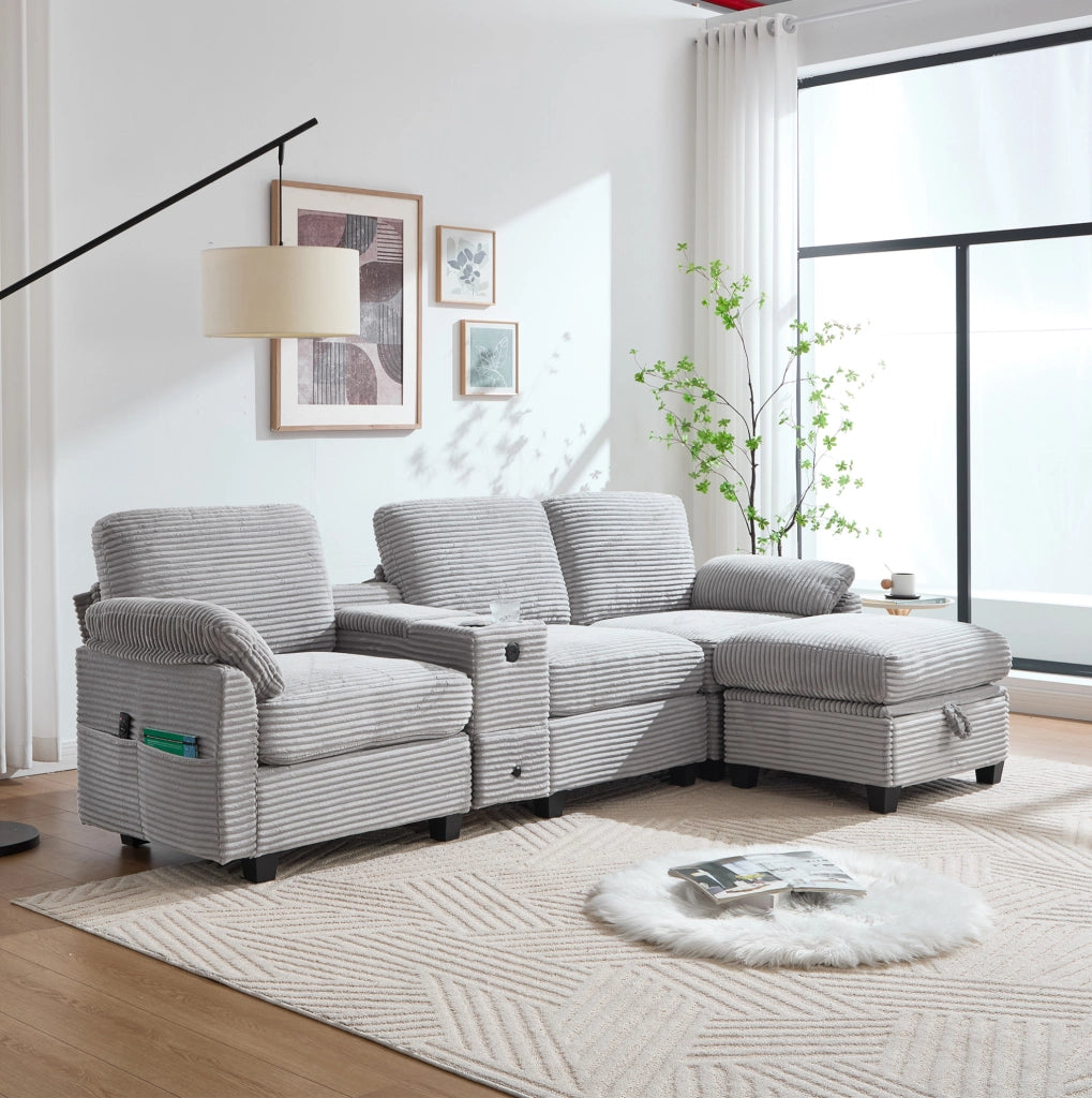 Divano modulare in corduroy grigio chiaro con memory foam; USB-C e pouf contenitore 266 cm