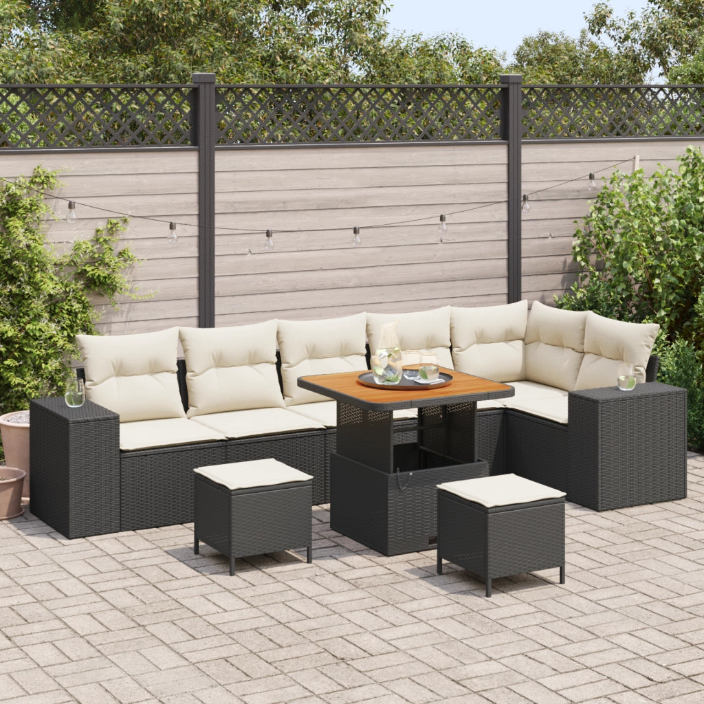 Set Divano Giardino  9 Pezzi con Cuscini Polyrattan Nero e Acacia