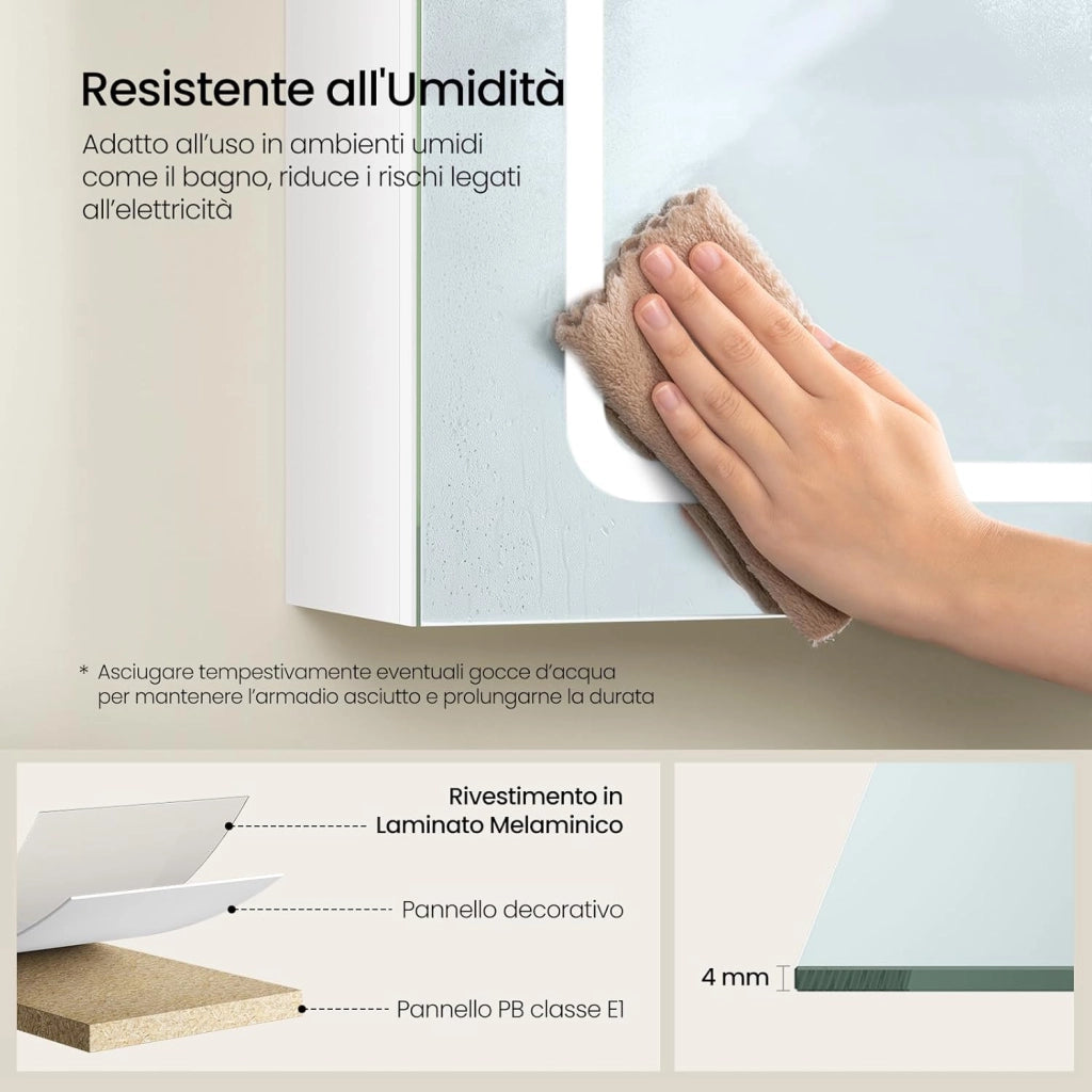 Mobile Bagno con Specchio e Luce, Armadietto Bagno con Ripiani Regolabili, Ganci e Prese, Luce Tattile a 3 Colori, per Appartamento, Bianco, 50x14,5x70 cm