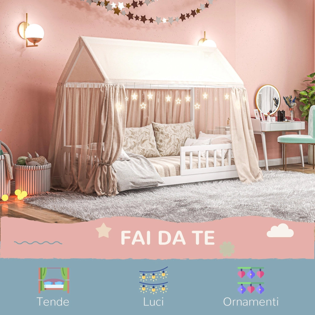 Letto Singolo per Bambini Casetta 96x195x165 cm con Doghe e Recinzione in Legno di Pino Bianco