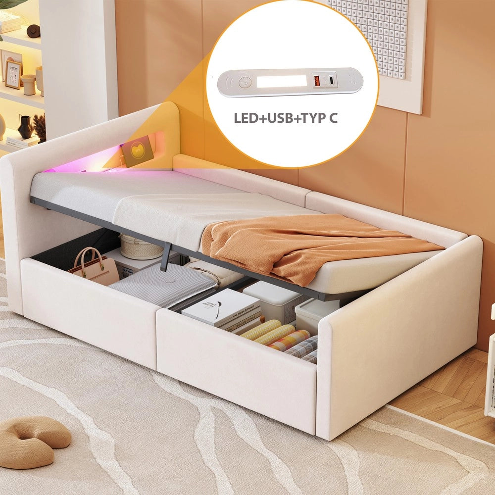 Letto Singolo Imbottito per Bambini con LED e Contenitore Idraulico ¨C MINIMAL ¨C Velluto Beige 90x200