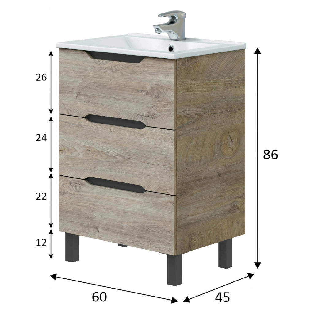 Sozop, Mobile Sottolavabo 3 Cassetti, 60x45x86h cm Marrone Rovere Grigio