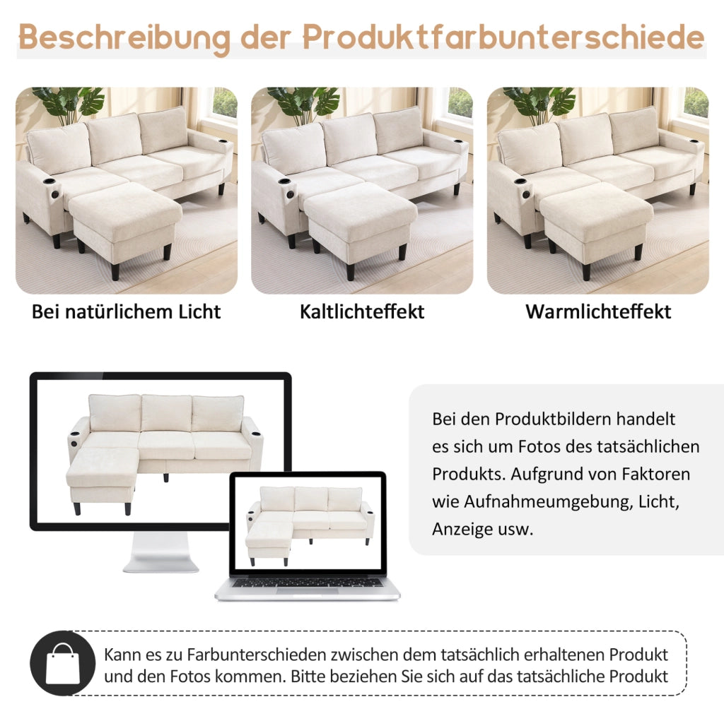 Divano imbottito beige a 3 posti con USB, Type-C e portabicchieri, divano angolare a L con pouf combinabile