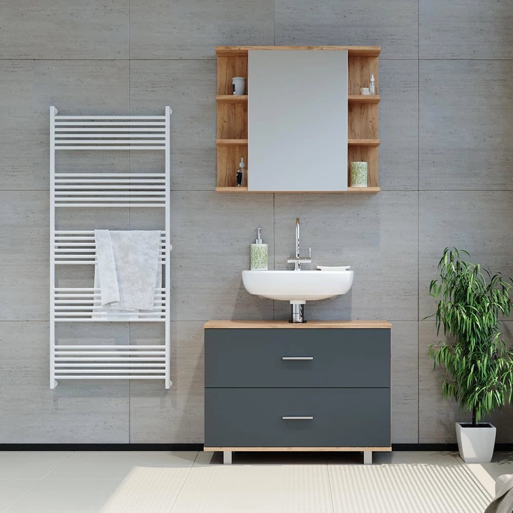 Mobile sottolavabo per bagno Ilias, Antracite/quercia dorata, 80 x 60.8 cm, con ritaglio per sifone e aperture di ventilazione laterali