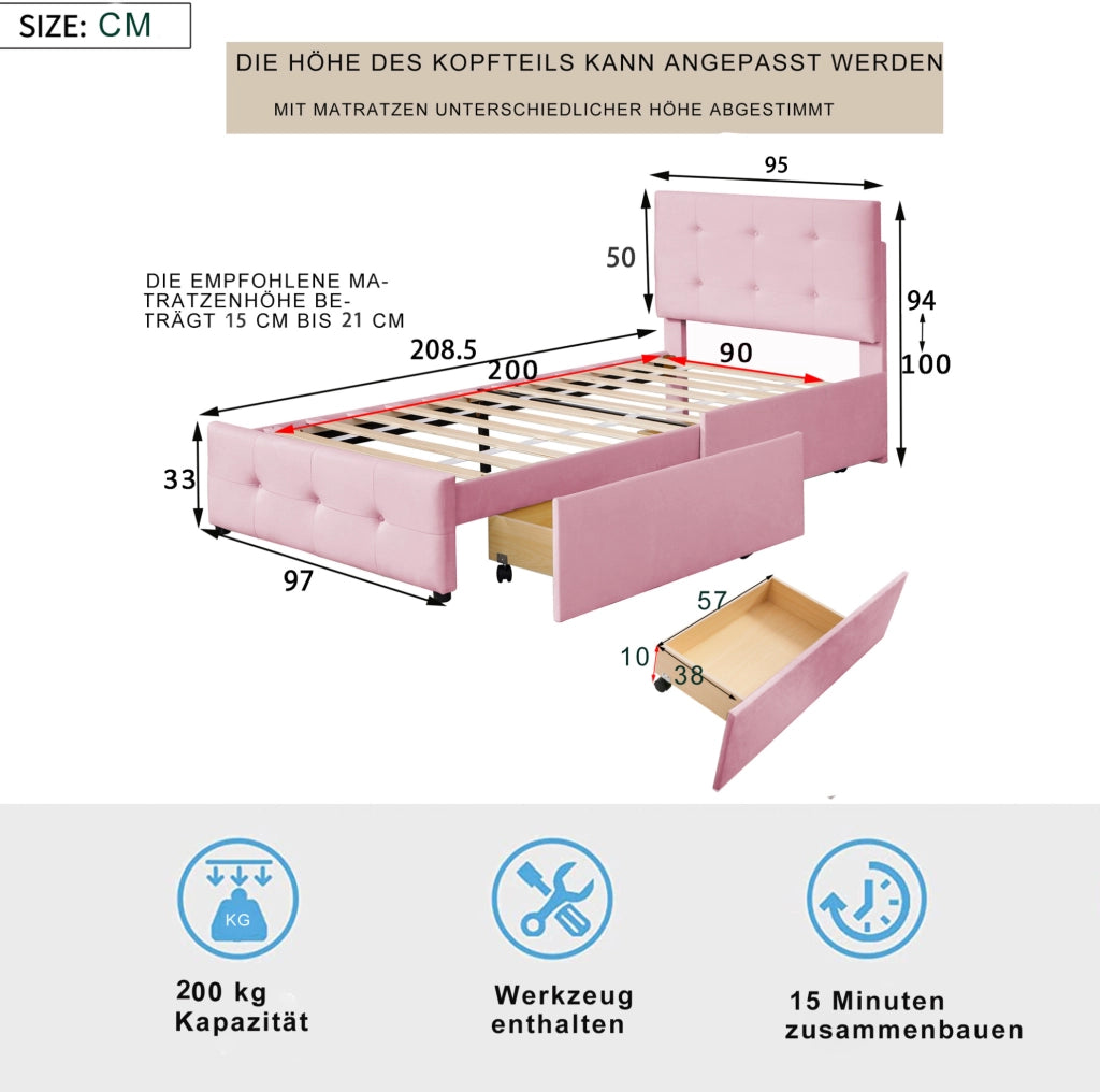 Letto imbottito con rete 90x200 cm; con testiera e cassetto contenitore; velluto rosa
