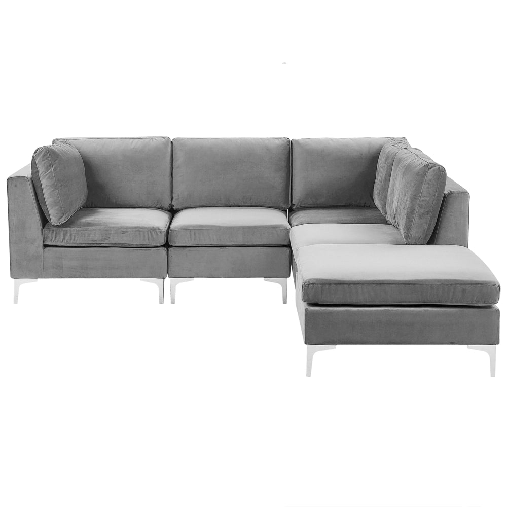 Divano componibile ad angolo versione sinistra a 4 posti in velluto grigio con gambe in metallo argentato a forma di L ottomana Stile glamour