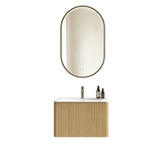 Mobile bagno con lavabo integrato e 1 cassetto; specchio LED antiappannamento; sospeso salvaspazio; rovere