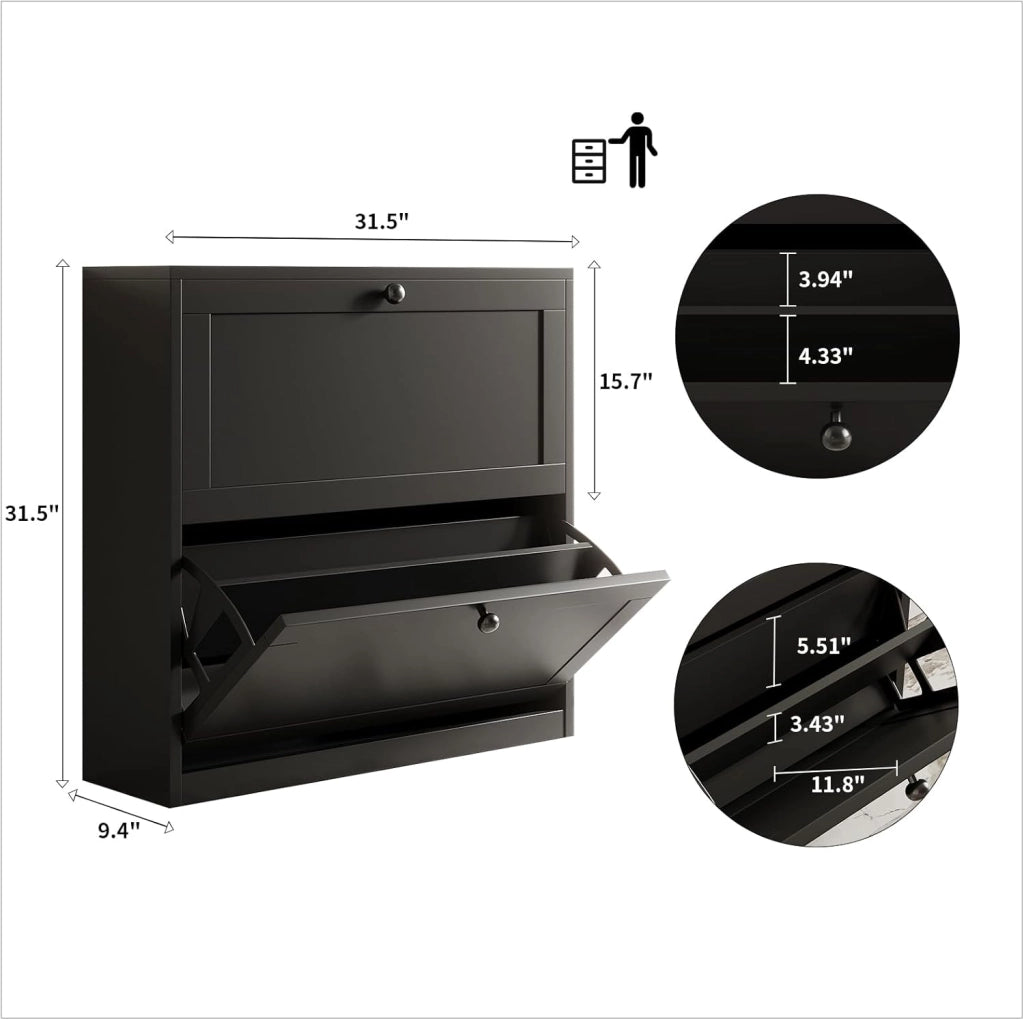 Scarpiera Portascarpe in Legno, Scarpiera Slim, Ingresso, Regolabili, con 2 Ante a Ribalta e Doppia Profondita, 80x80x24 cm (LxAxP), per Ingresso Casa (Nero)