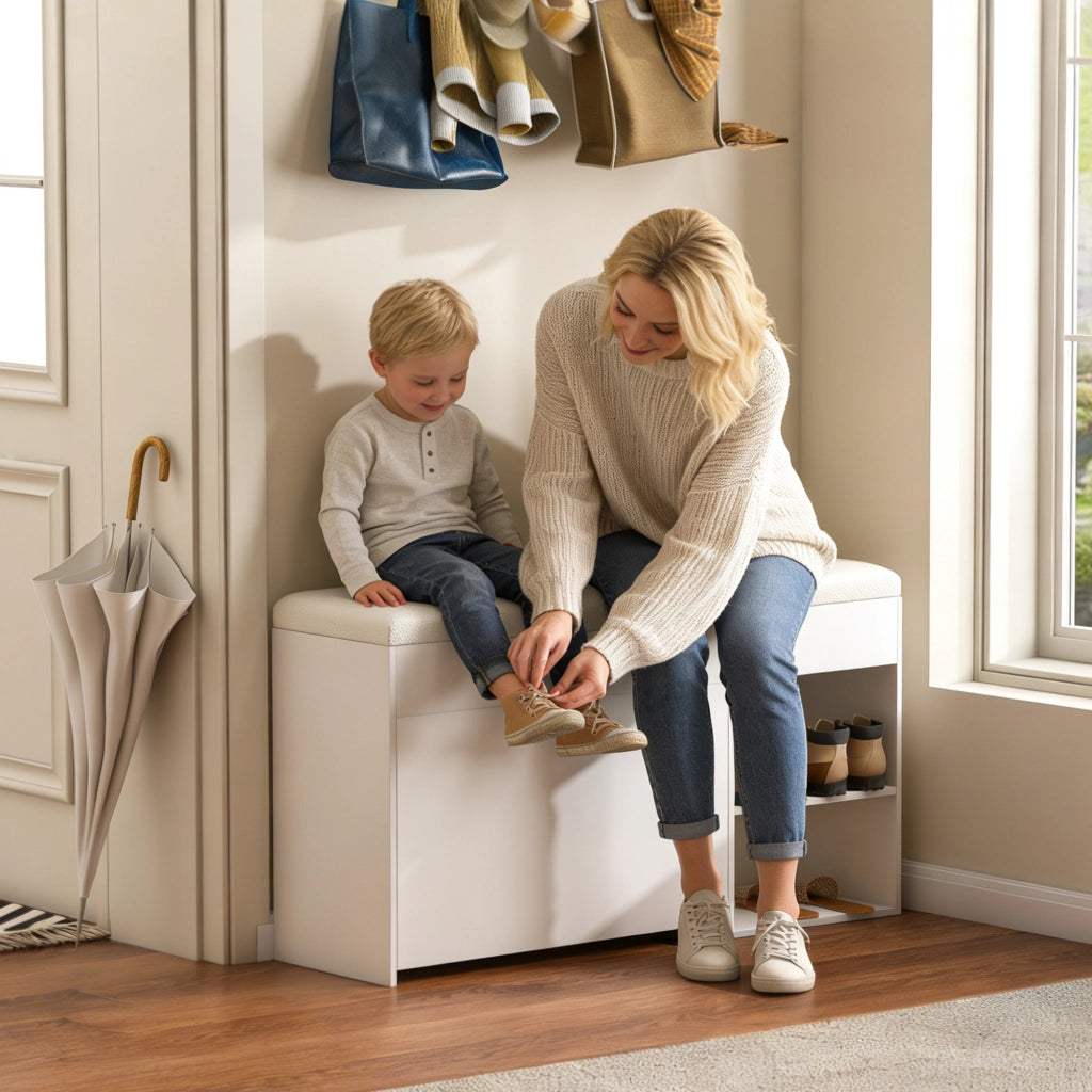 Scarpiera con seduta e vano interno girevole con coperchio apribile per ingresso e soggiorno in MDF bianco 100 × 30 × 52 cm