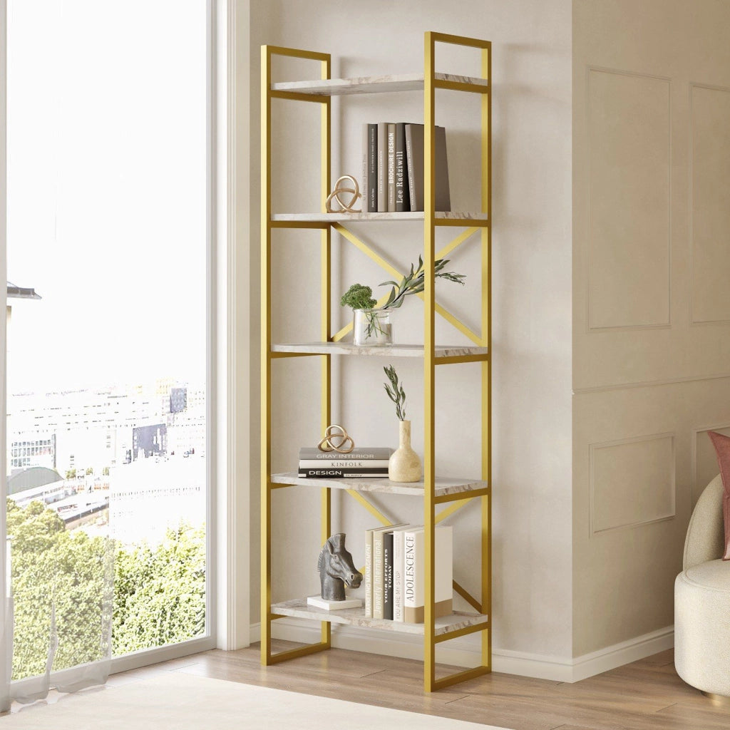 Biblioteca Trecenta, Libreria 5 Ripiani, 58x30x175h cm Bianco Marmo