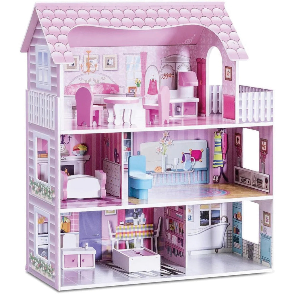Casa delle bambole a 3 piani 61 x 26,5 x 71 cm giocattoli educativi decorativi in ​​MDF rosa 20_0017779