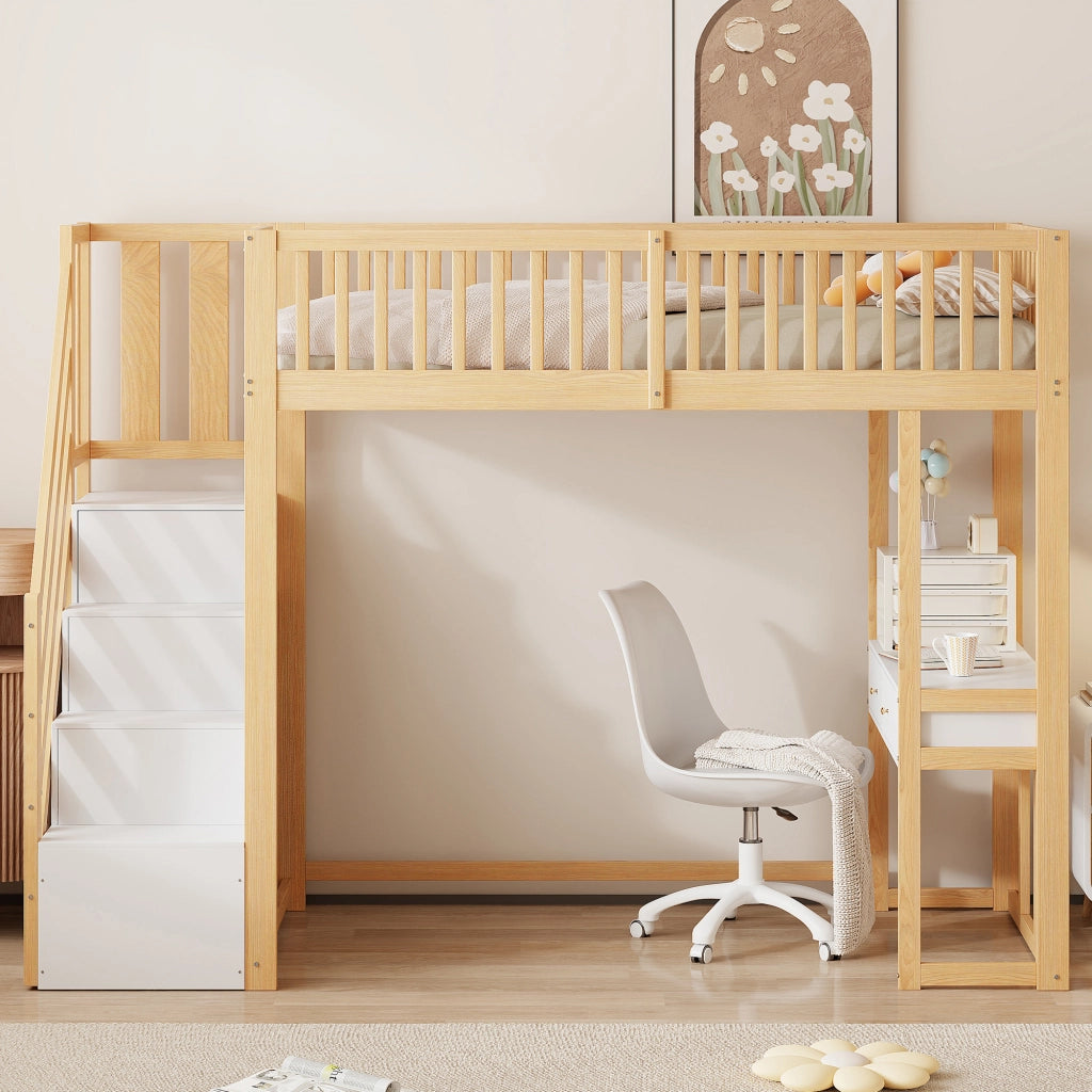 Letto a Soppalco 90 x 200 cm; Letto Singolo con Scrivania e Scala Contenitore; senza Materasso
