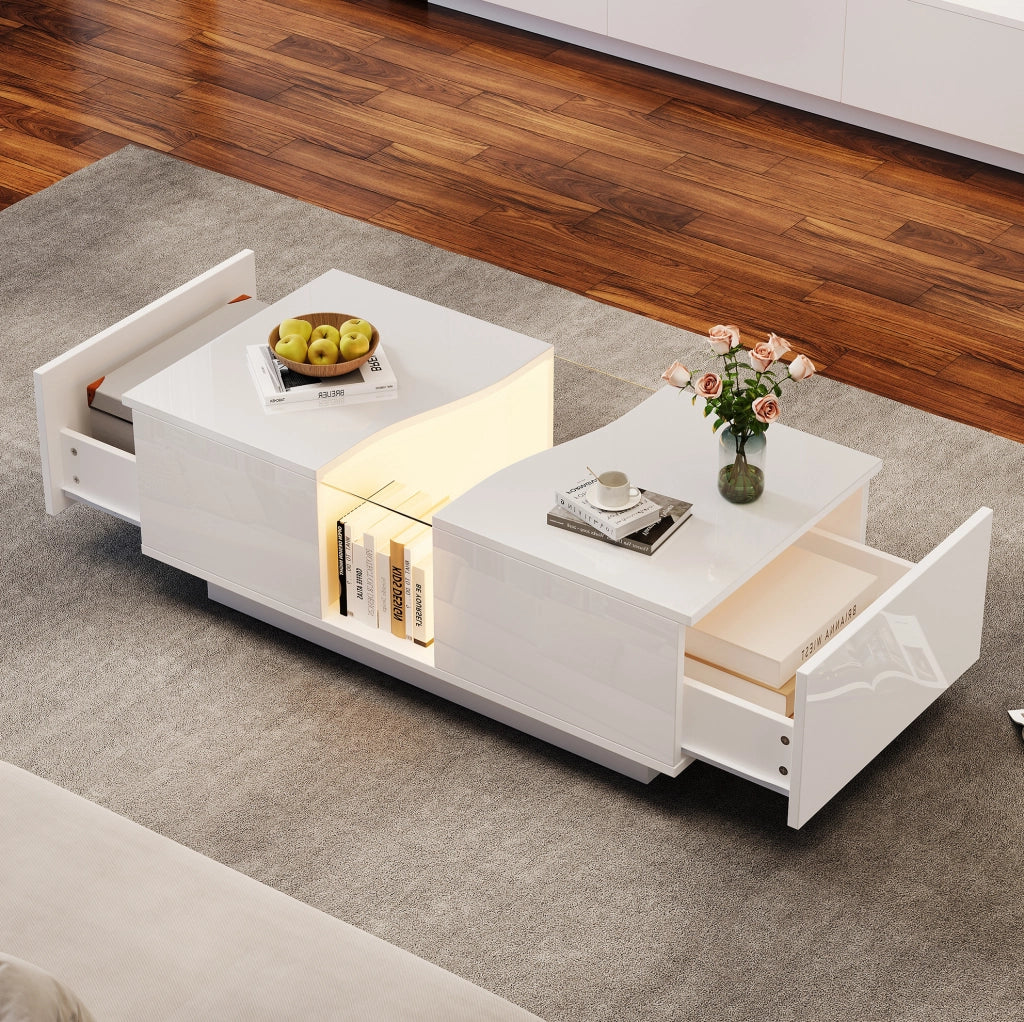 Tavolino da caff猫 100x50x35 cm; LED regolabile con 2 cassetti; MDF e acrilico; bianco
