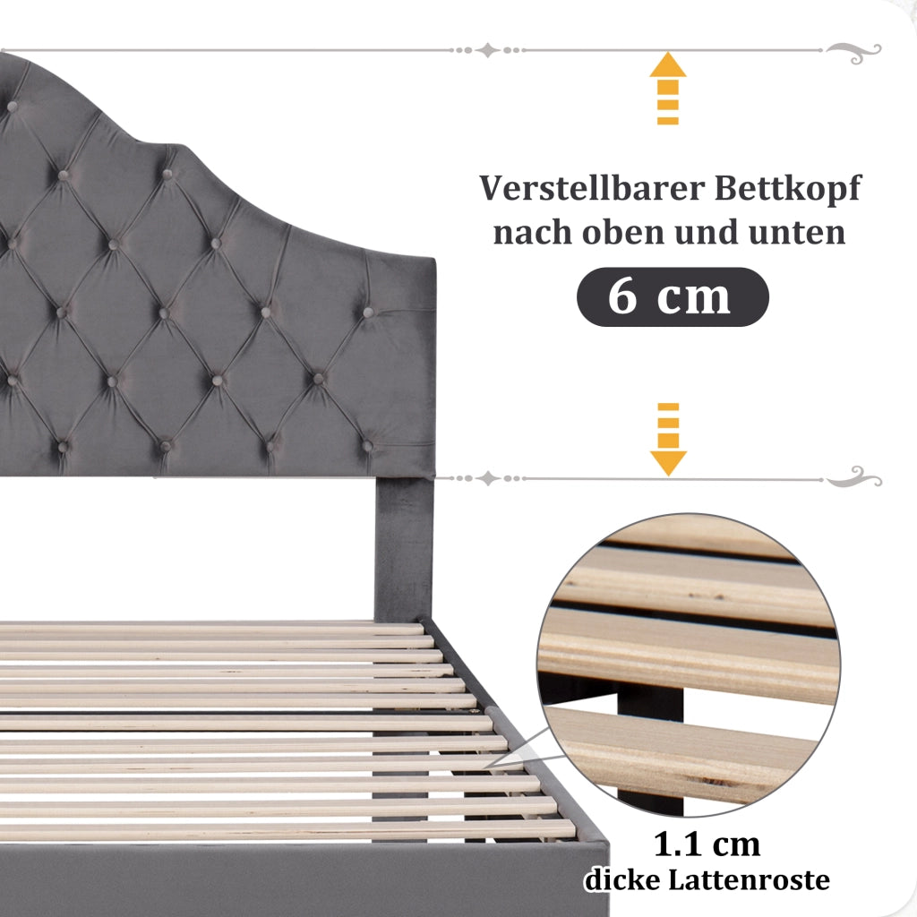 DESMIU Letto singolo 90 × 200 cm con testiera, senza materasso, in velluto, grigio