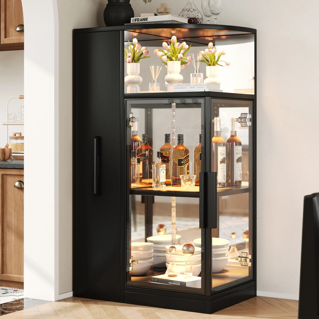 Vetrina in vetro con LED multicolore e armadio laterale estraibile nero 64 × 42 × 112 cm