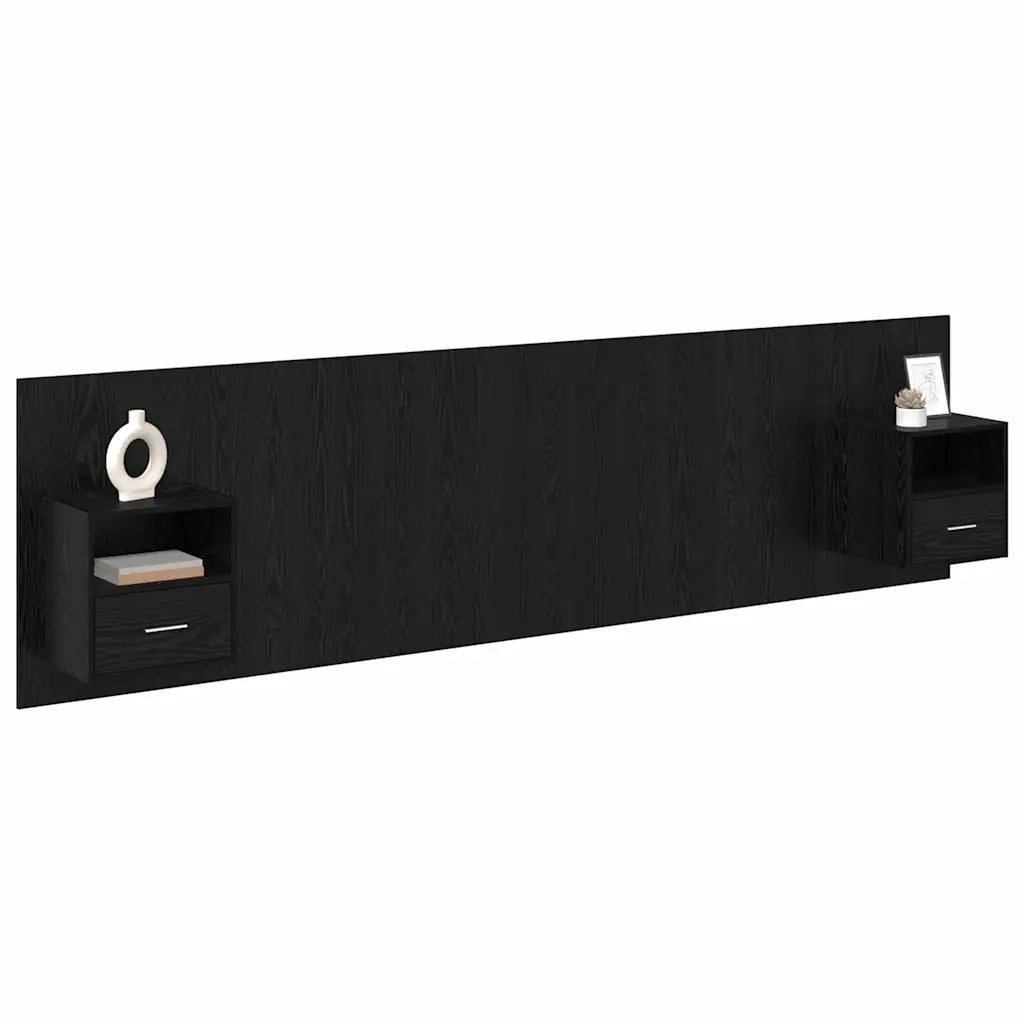 Testata con Comodino 3 pz-Set di 3 Testiera con Contenitore Rovere Nero Legno multistrato 399517