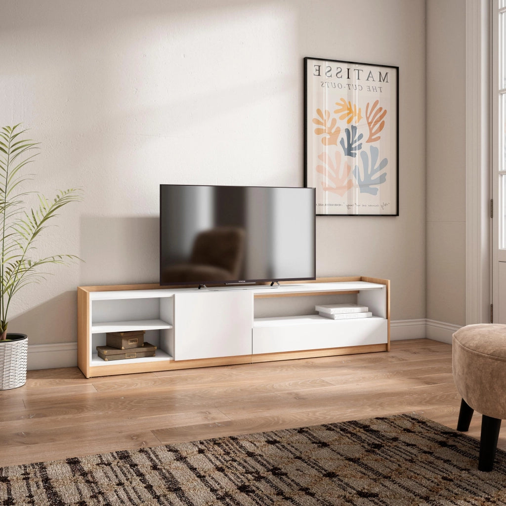 Mobile TV Soggiorno, 207x50x37 cm, Per TV fino a 80", Mobile Soggiorno, Bianco e Rovere soft