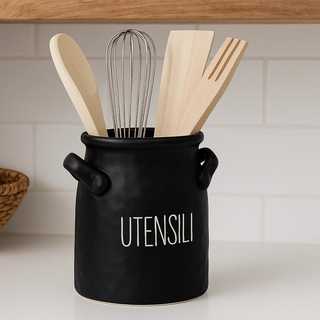 PORTA UTENSILI DA CUCINA DESIGN ELEGANTE -  16x17 cm COLORE: NERO