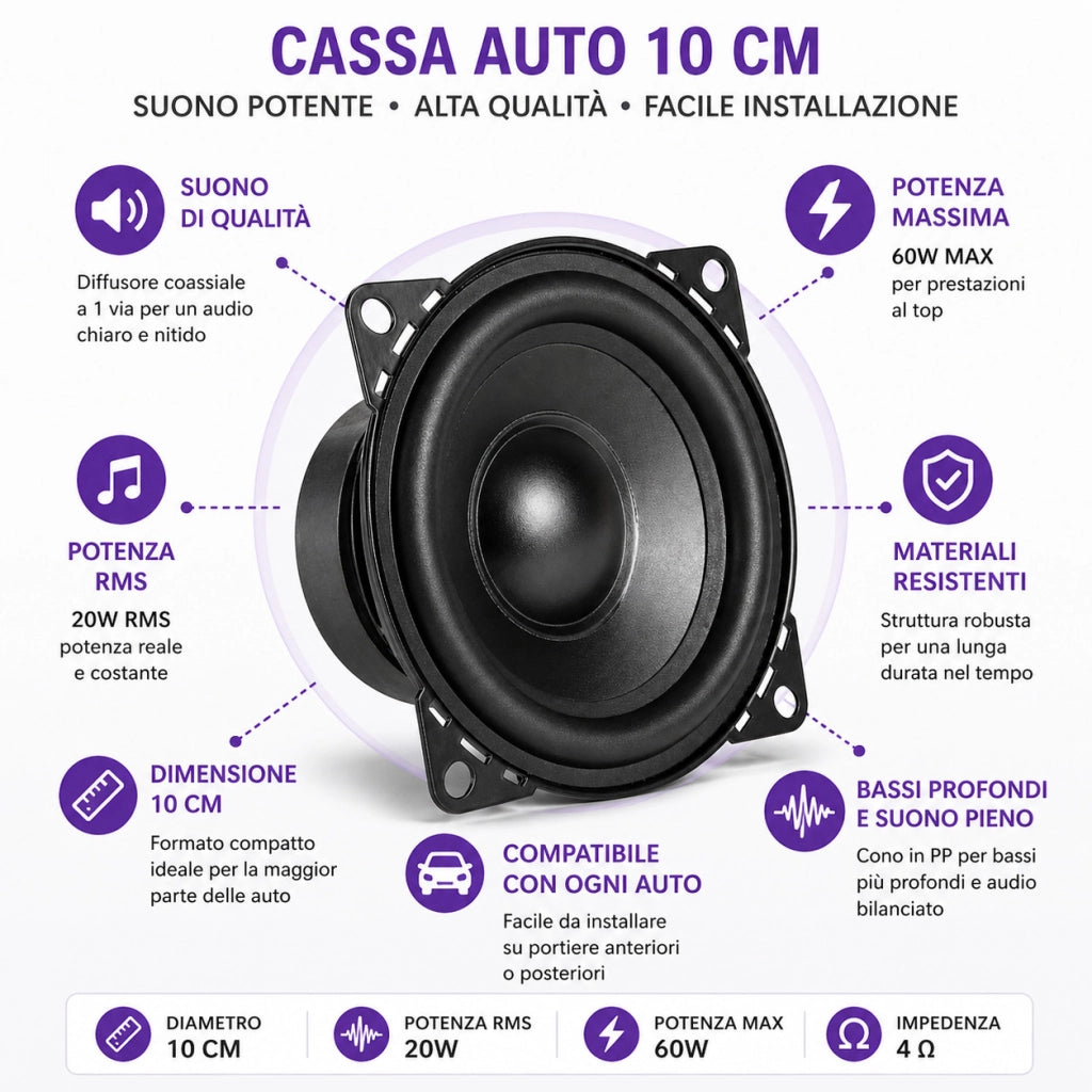 CASSA AUTO ALTOPARLANTE 10 CM 20W RMS 60W MAX SPEAKER AUDIO UNIVERSALE CTC-407