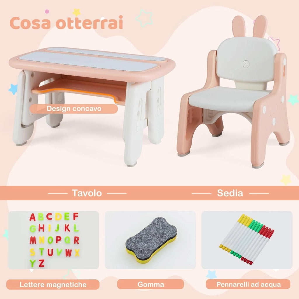 Set Tavolo e Sedia per Bambini, Tavolo e Sedia per Bambini con Mensola Ribaltabile, Lavagna Magnetica Cancellabile, Altezza Regolabile, per Camera da Letto, Sala, Giochi per Ragazzi (Rosa)