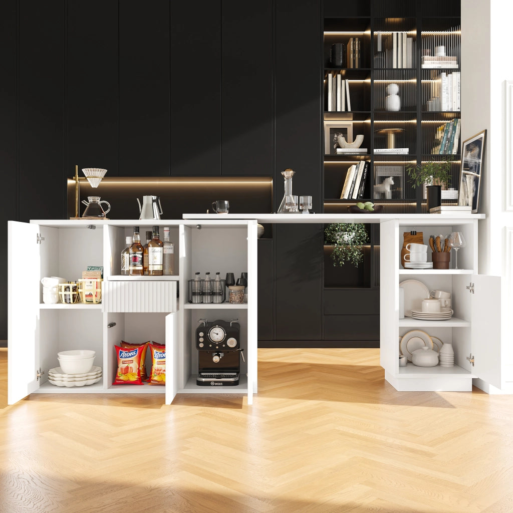 Mobile Bar Girevole a 360° con Vani Aperti e Chiusi; Piano Effetto Marmo; in MDF; 210x30x100;9 cm; Bianco