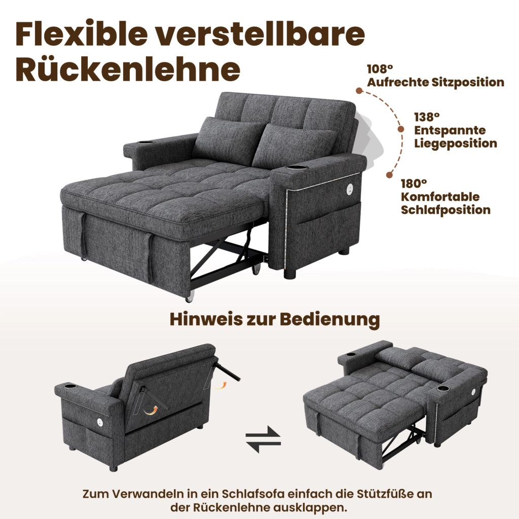 Divano letto 2 posti con LED; USB e Type-C; schienale regolabile; ciniglia grigio