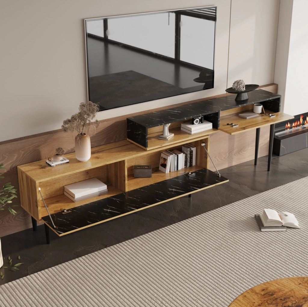 Mobile porta TV moderno con finitura effetto marmo e venatura legno