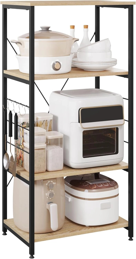 Scaffale per Cucina Carrello Porta Microonde Forno a 4 Ripiani con Ganci in Acciaio Legno