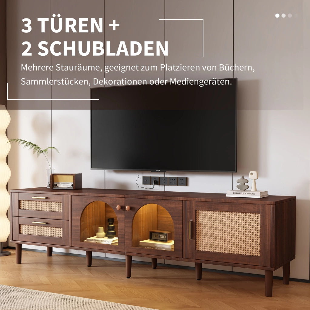 Mobile TV marrone 180 cm con LED, ante in vetro e rattan