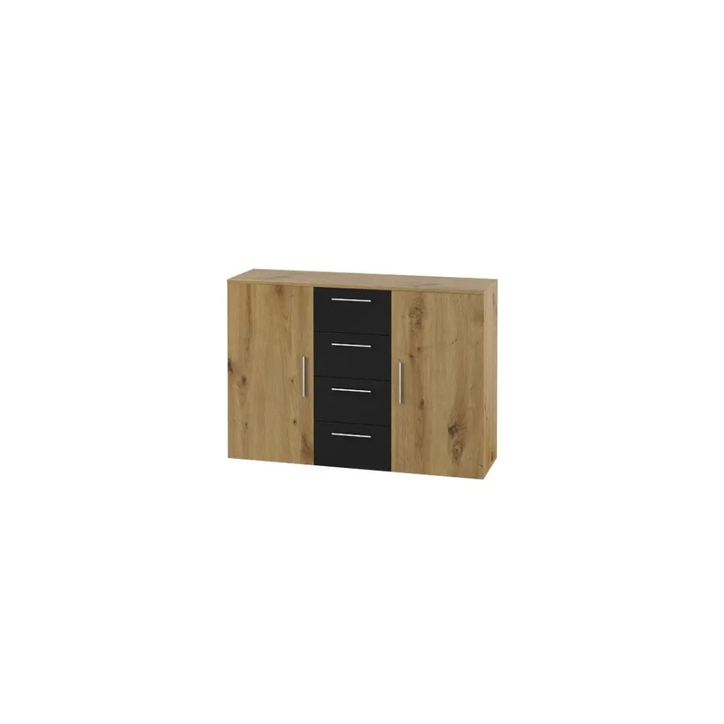 Credenza con 2 ante e 4 cassetti 130cm. Collezione IRINA in imitazione di rovere chiaro e nero.