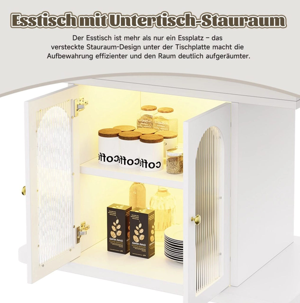 Tavolo da pranzo allungabile 150/200 x 80 cm con contenitore e LED; MDF bianco