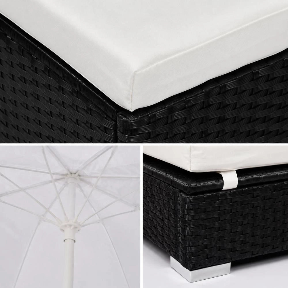 Outdoor Lounge Bed With Parasol, Poly Rattan, Black
