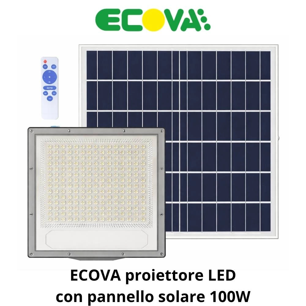 Proiettore led solare ecova con telecomando e luce bianca fredda 6500k *** potenza 100w, confezione 1