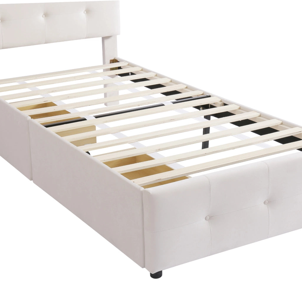 Letto imbottito 90x200 cm con rete a doghe e cassetto contenitore; velluto beige