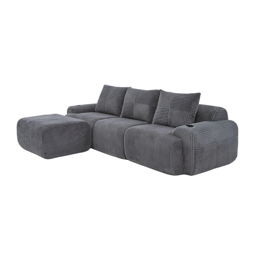 Divano modulare 268x174x80 cm con portabicchiere e tasca laterale in corduroy grigio scuro