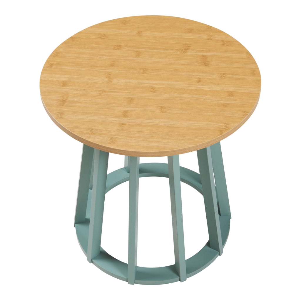 Tavolino da Divano Lensuu con Piano Rotondo in Effetto Rovere e Base Verde Pastello 48 x Ø48 cm [en.casa]
