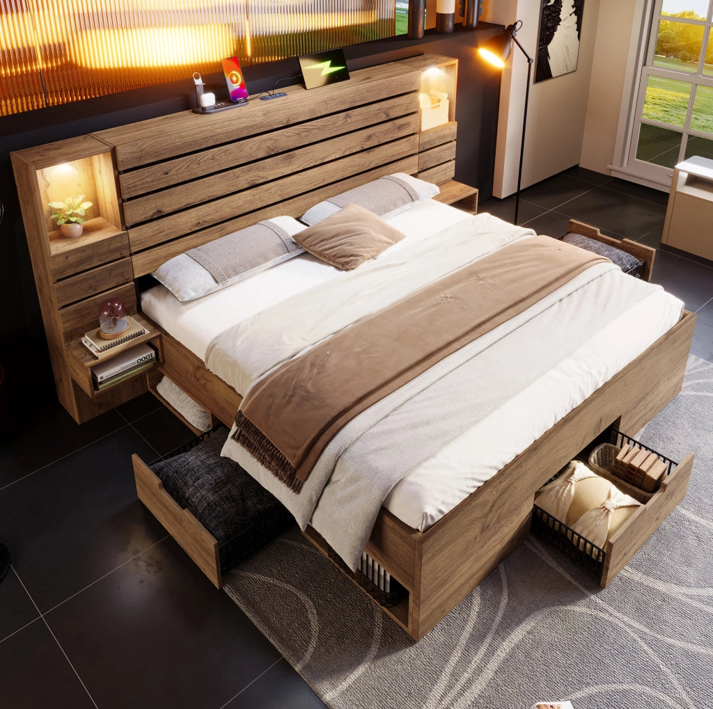 Letto matrimoniale 180x200 cm con LED; porte USB e Type-C; contenitore; effetto rovere
